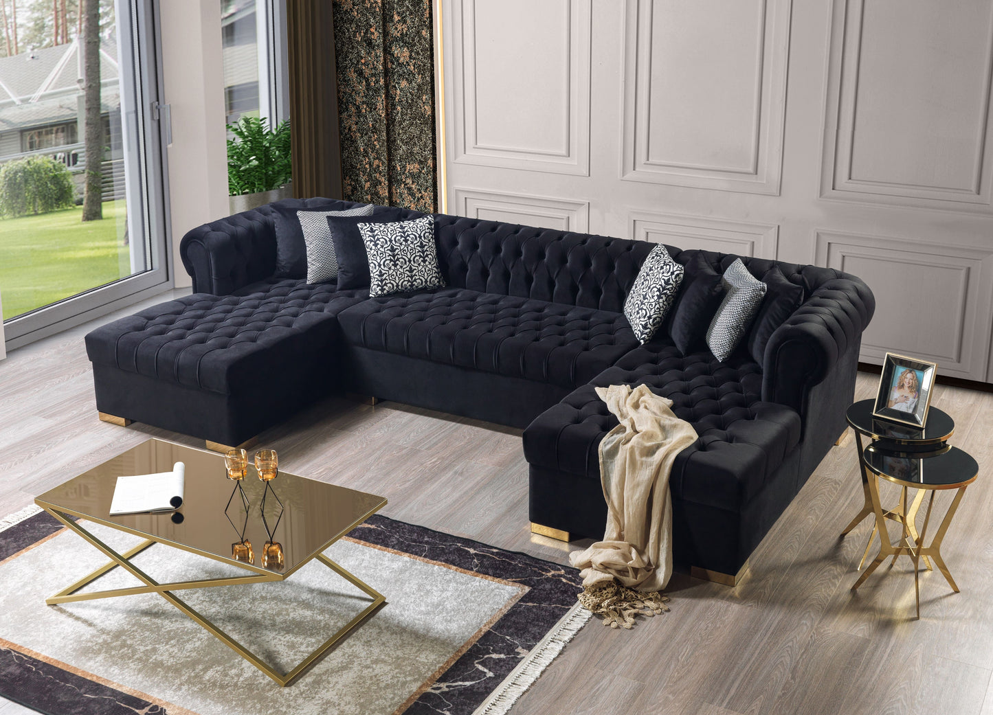 Lauren Black Velvet Double Chaise Sectional - Mattress on Demand