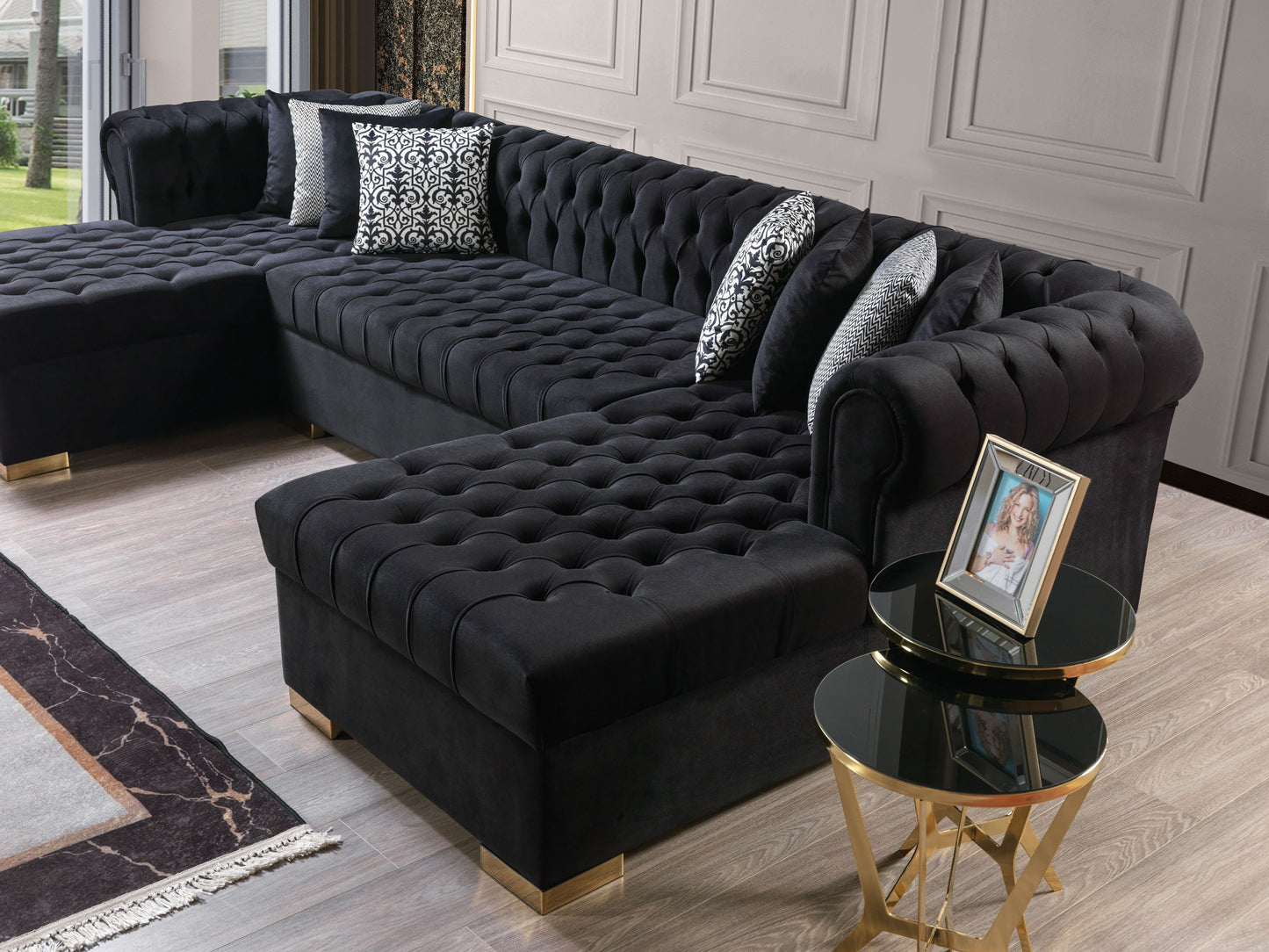 Lauren Black Velvet Double Chaise Sectional - Mattress on Demand