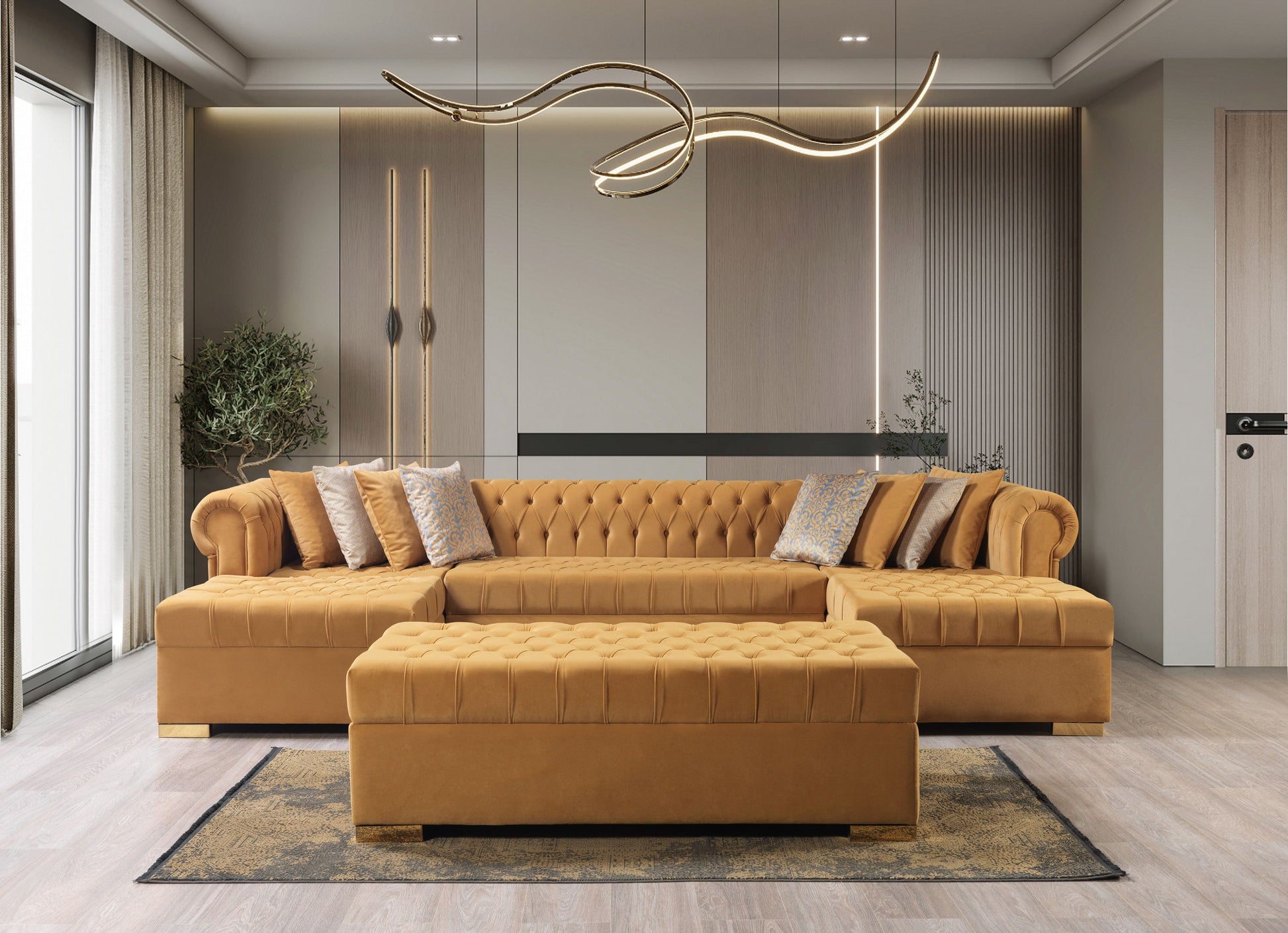 Lauren Mustard Velvet Double Chaise Sectional - Mattress on Demand