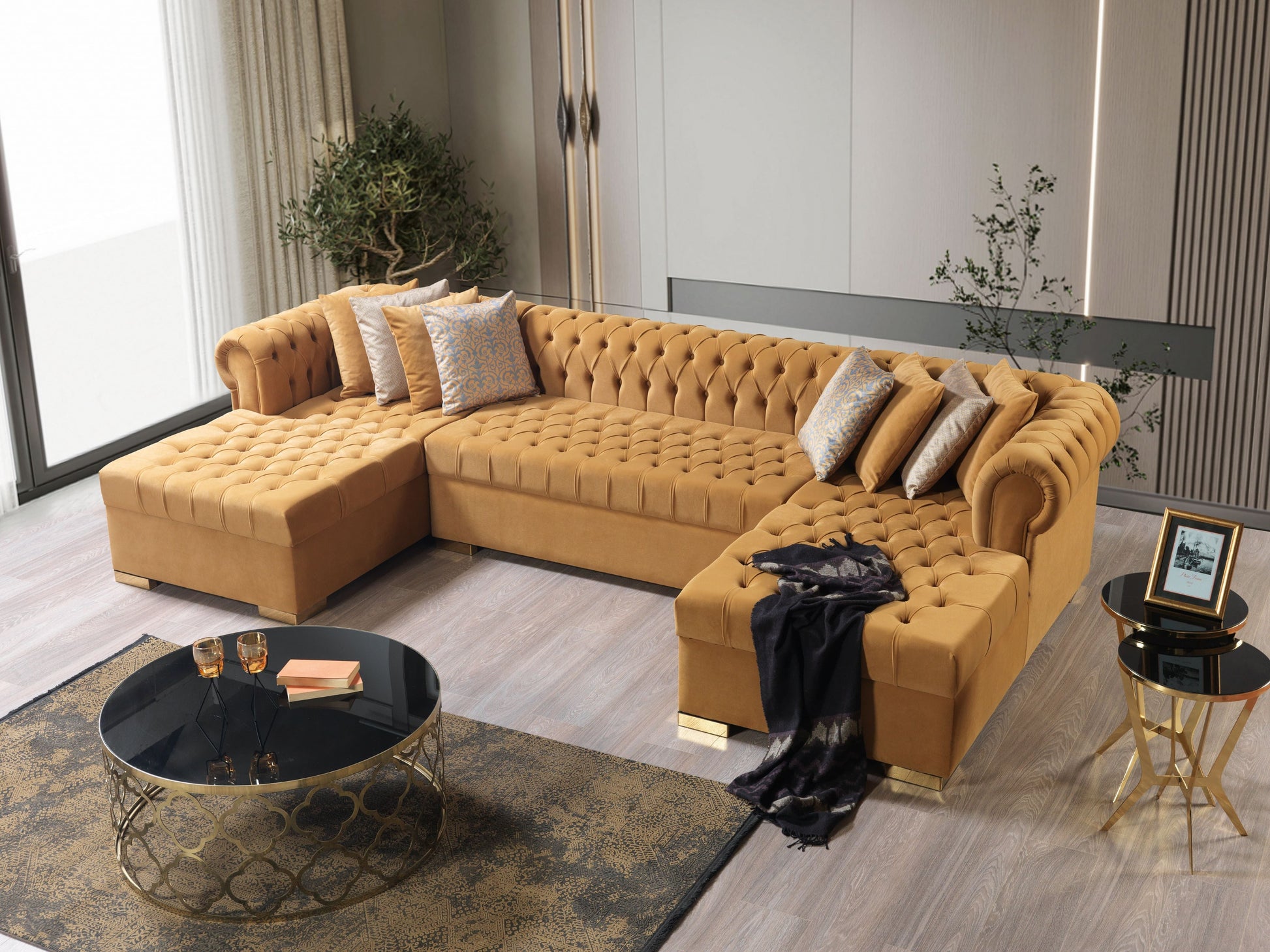 Lauren Mustard Velvet Double Chaise Sectional - Mattress on Demand