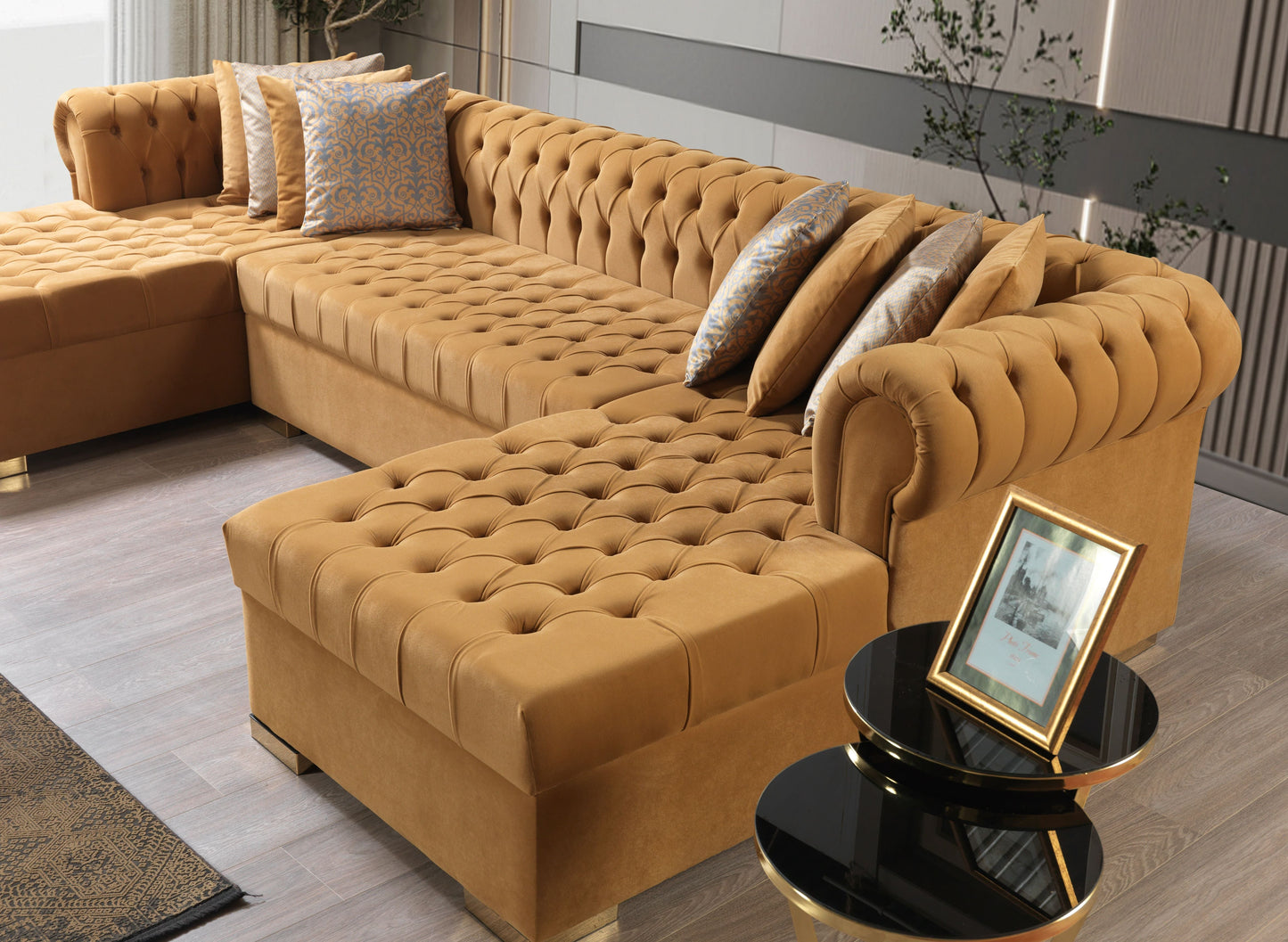 Lauren Mustard Velvet Double Chaise Sectional - Mattress on Demand