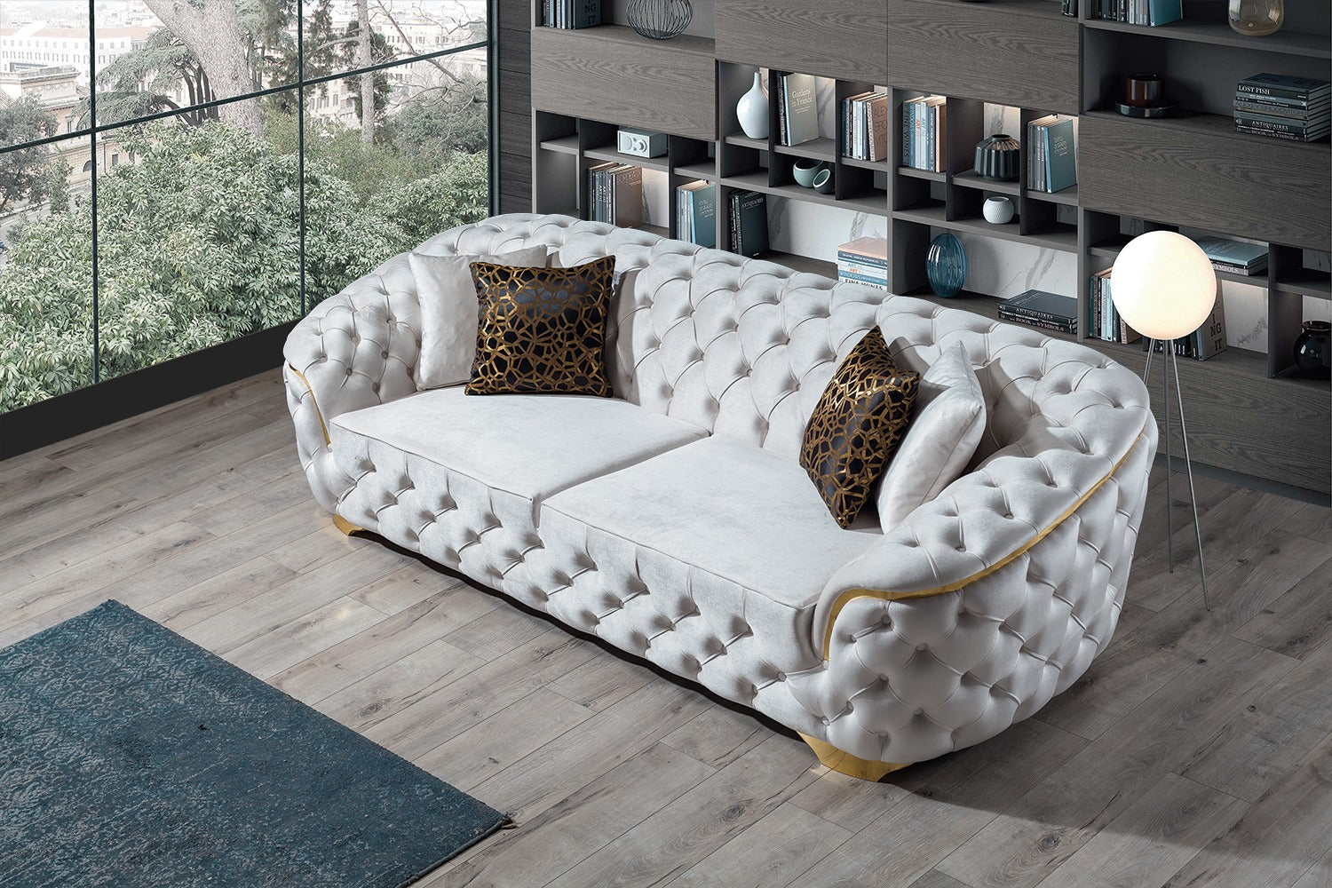 Lupino Ivory Velvet Living Room Set - Mattress on Demand