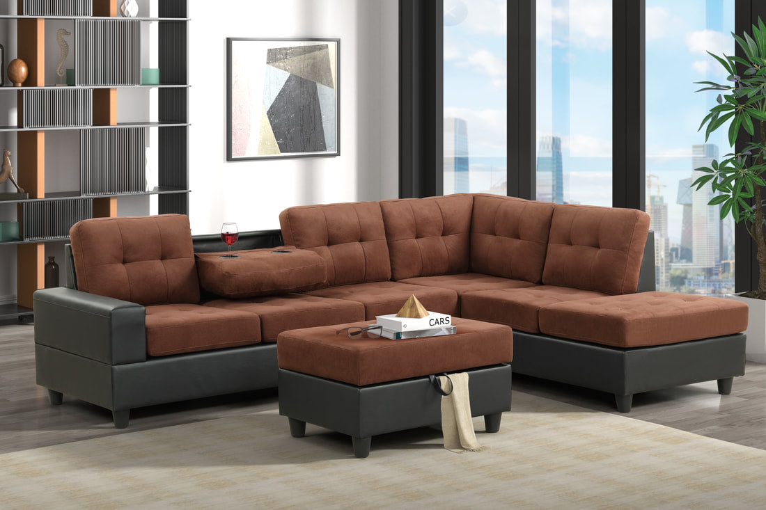 Heights Chocolate/Black Reversible Sectional with Storage Ottoman