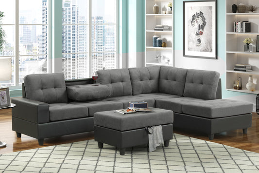 Heights Gray/Black Reversible Sectional with Storage Ottoman