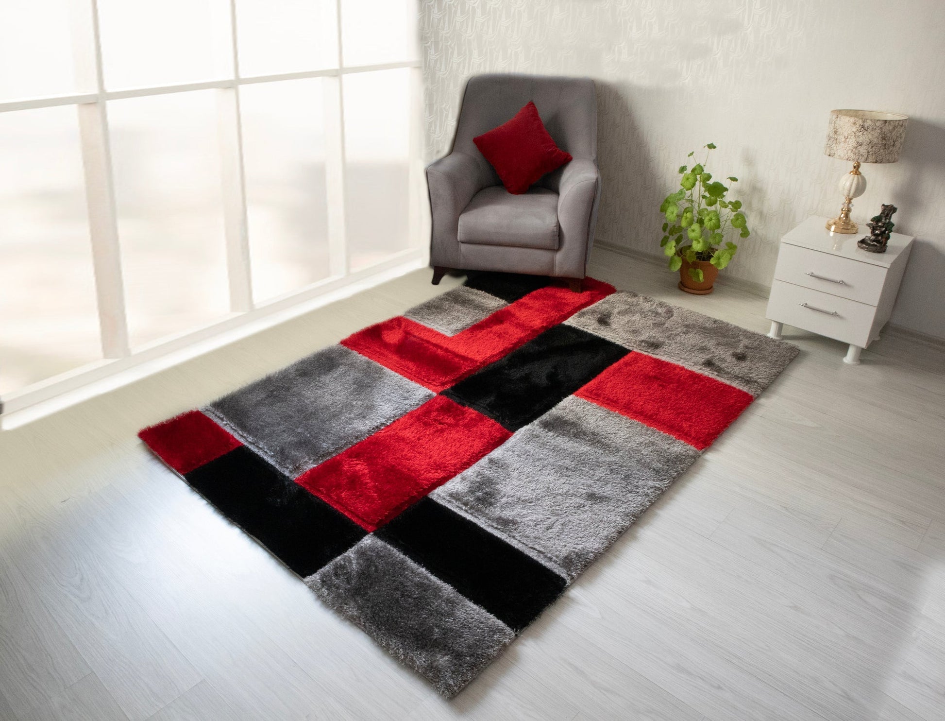 3D Shaggy Gray/Red 5X7 Area Rug - Mattress on Demand