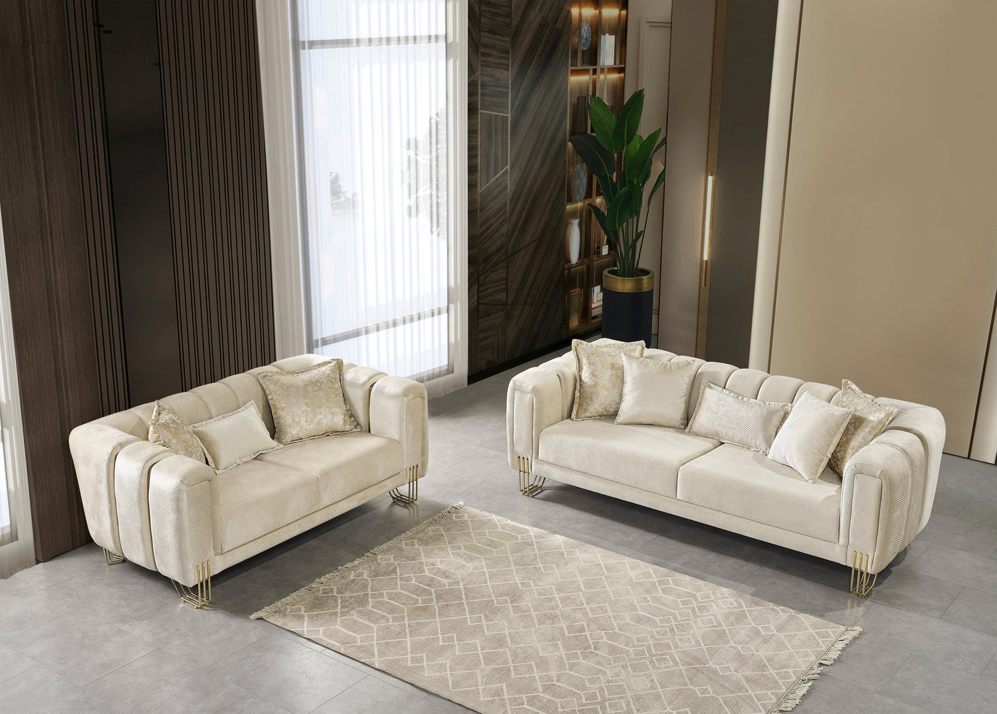 Santana Ivory Velvet Living Room Set - Mattress on Demand