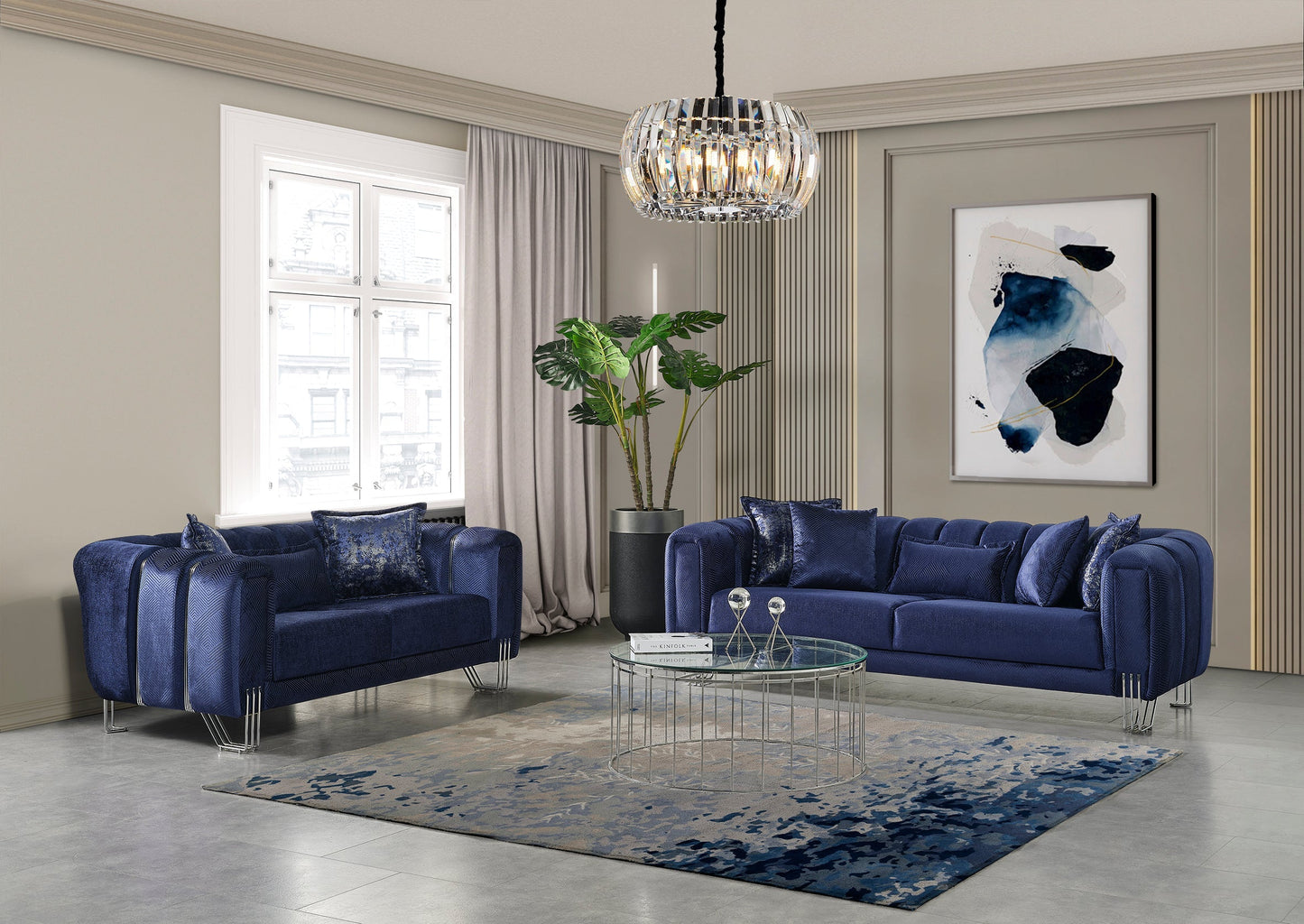 Santana Navy Velvet Living Room Set - Mattress on Demand