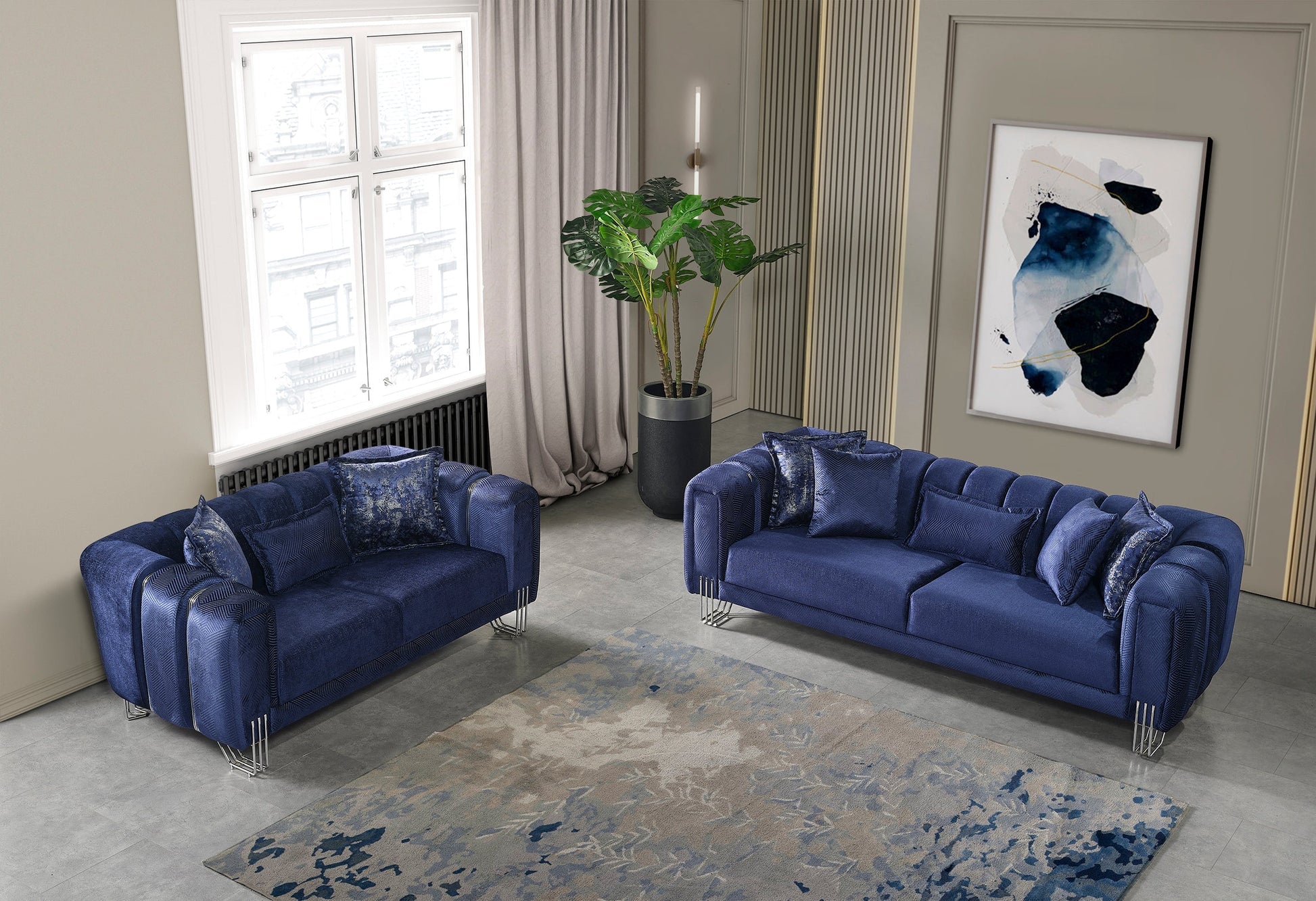 Santana Navy Velvet Living Room Set - Mattress on Demand