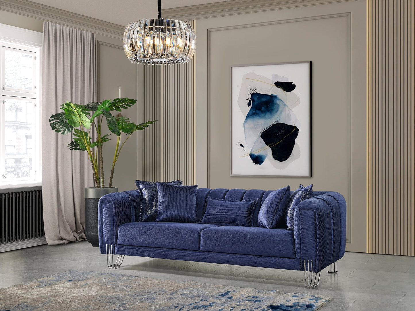 Santana Navy Velvet Living Room Set - Mattress on Demand