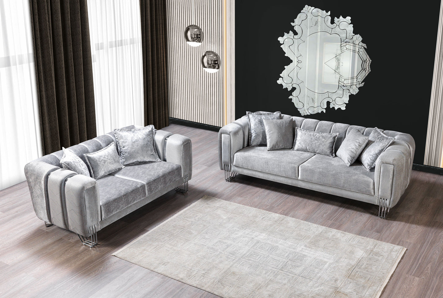 Santana Silver Velvet Sofa & Loveseat - Mattress on Demand