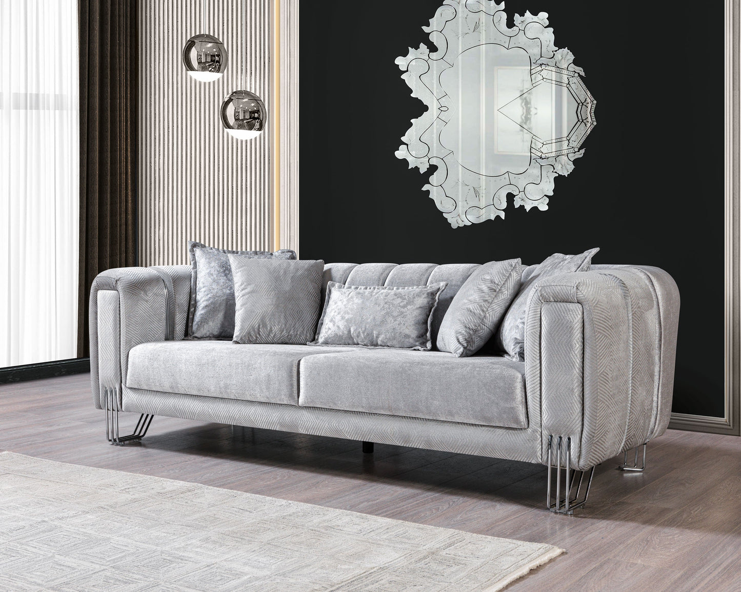 Santana Silver Velvet Sofa & Loveseat - Mattress on Demand