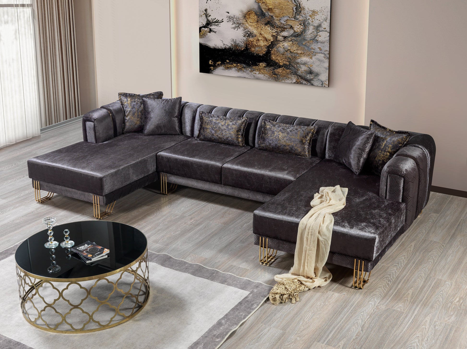 Santana Smoke Velvet Double Chaise Sectional - Mattress on Demand