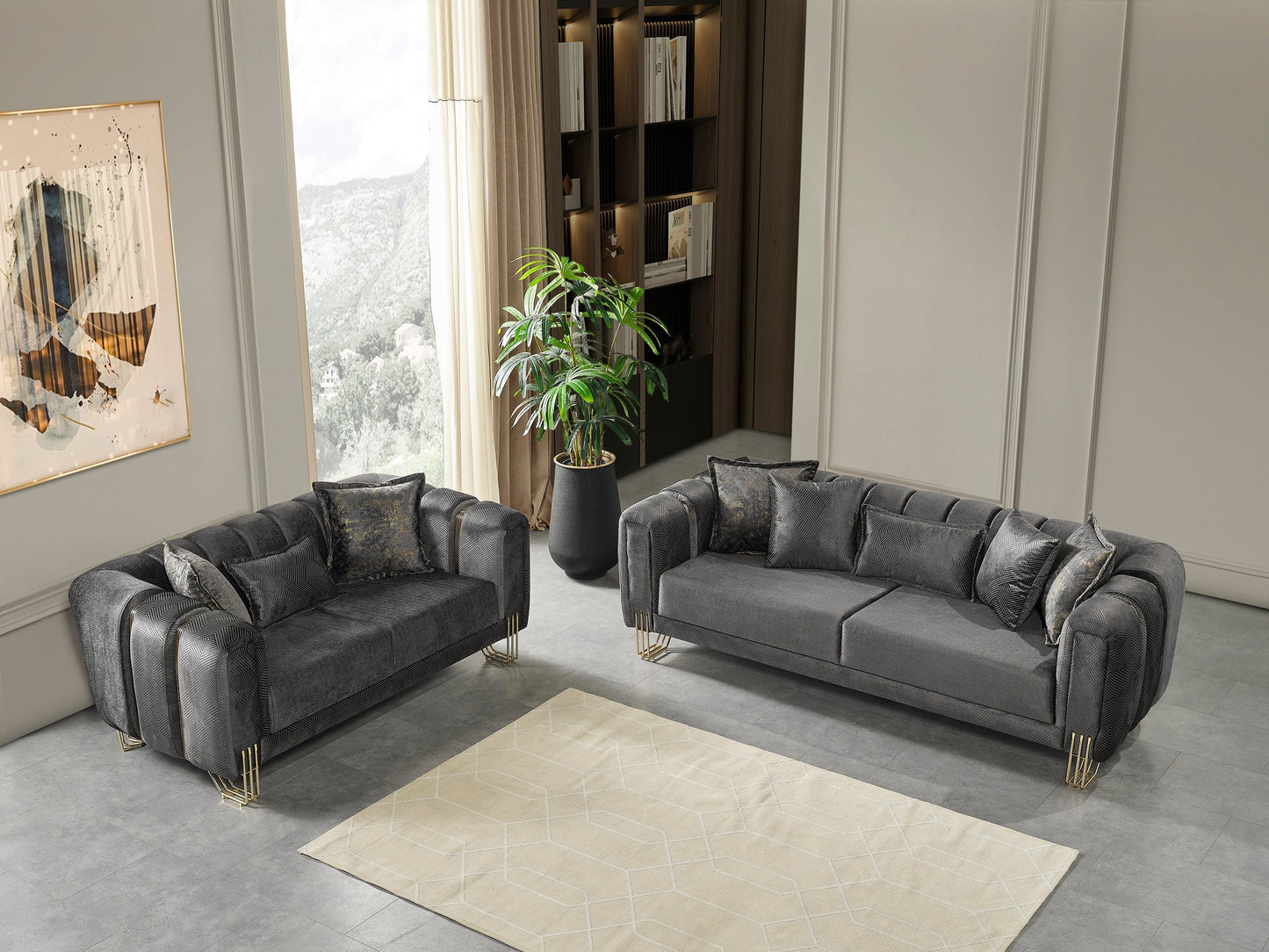 Santana Smoke Velvet Living Room Set - Mattress on Demand