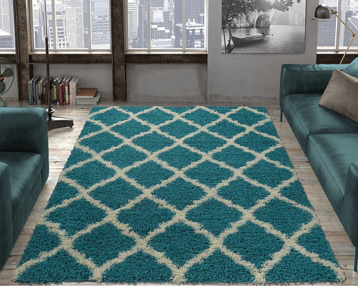 Cozy Moroccan Trellis Turquoise Shaggy Area Rug - 8X10 - Mattress on Demand