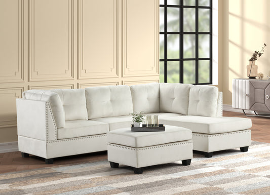 Sienna Beige Velvet Sectional with Ottoman