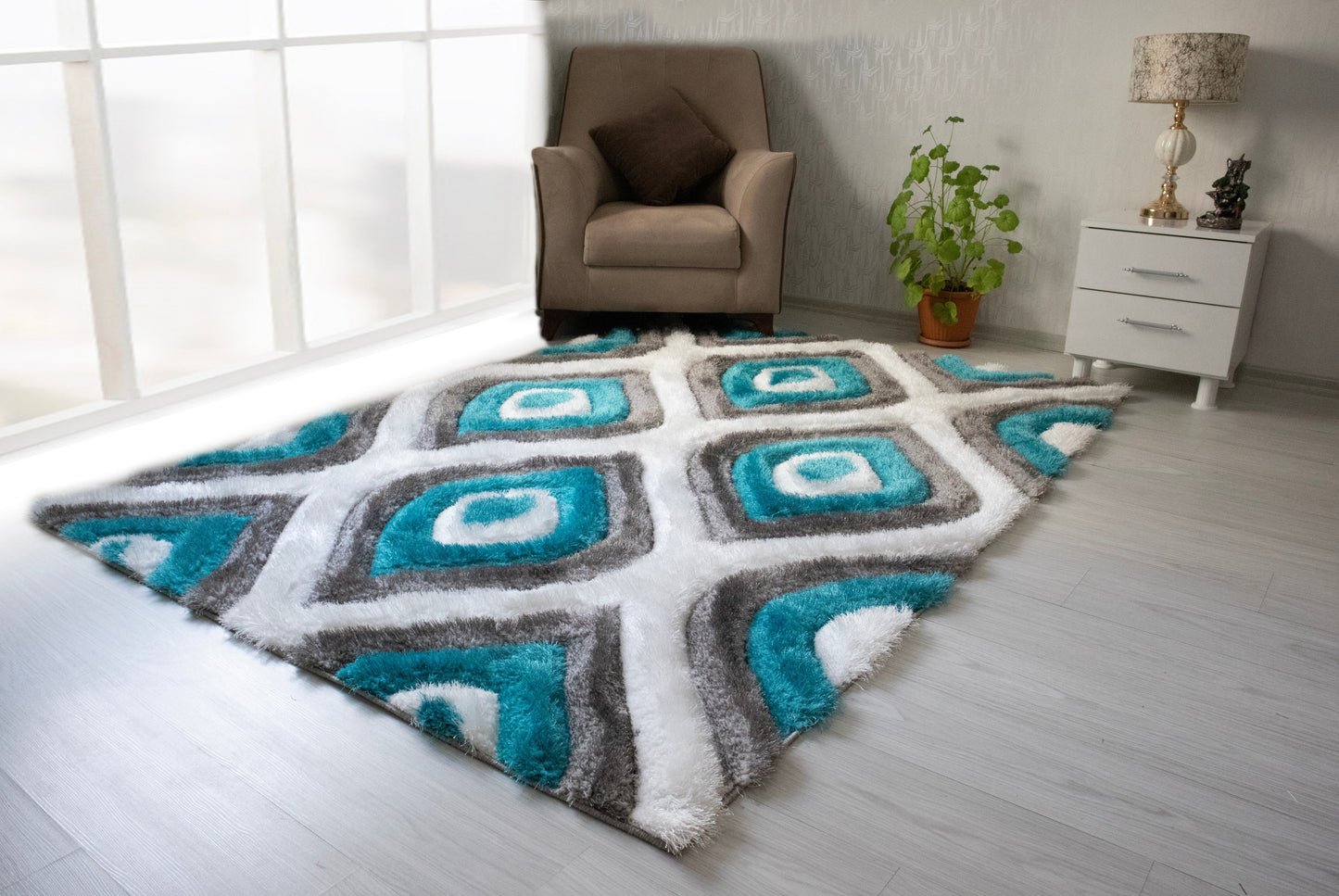 3D Shaggy Gray/Turquoise 5X7 Area Rug - Mattress on Demand