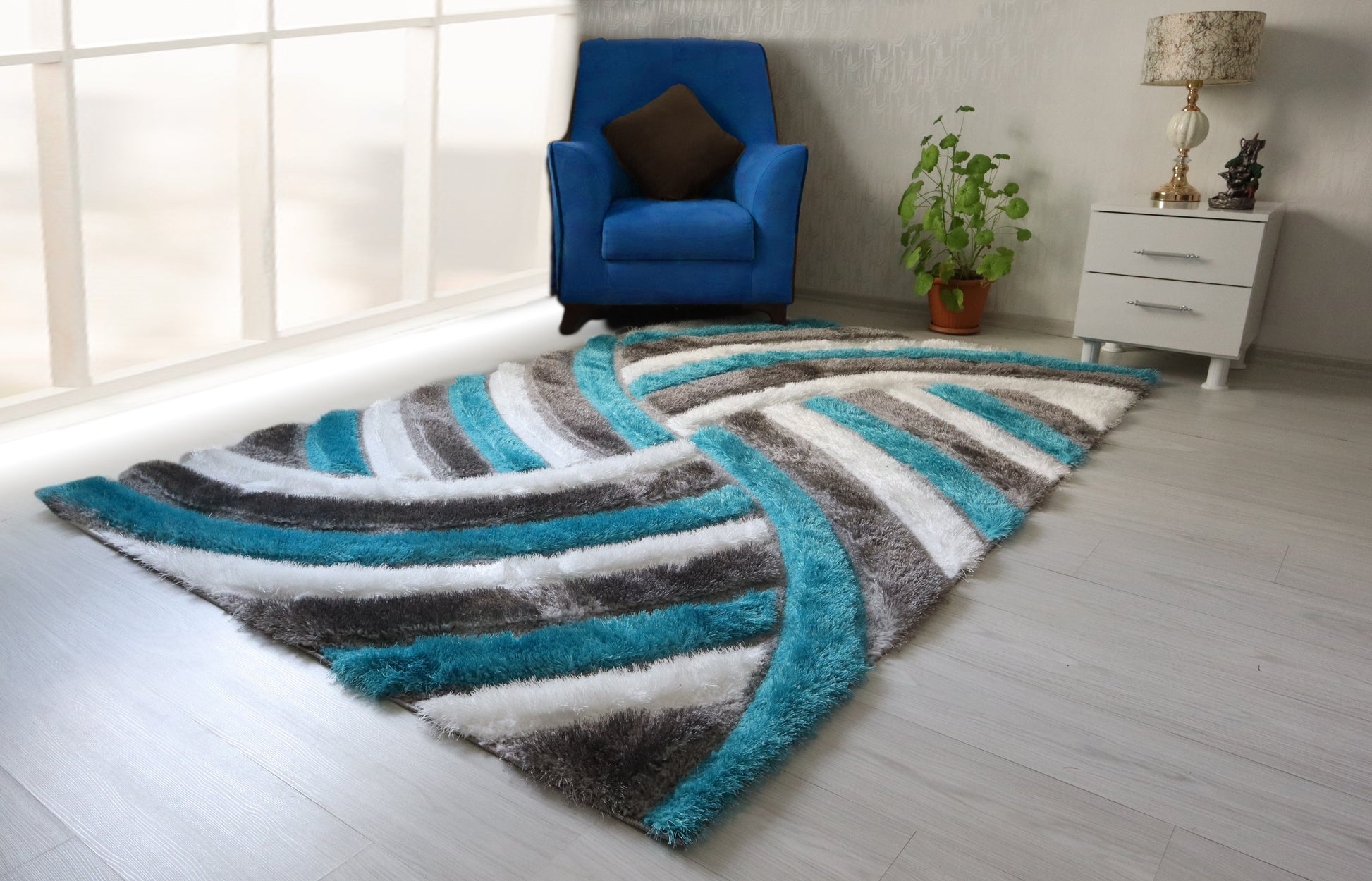 3D Shaggy Gray/Turquoise 5X7 Area Rug - Mattress on Demand