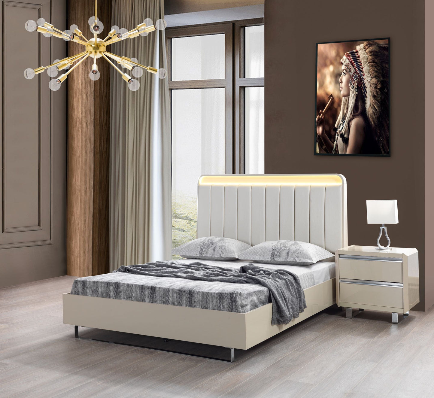 Viola Cream High Gloss Lacquer 4-Piece Queen Bedroom Set - Mattress on Demand