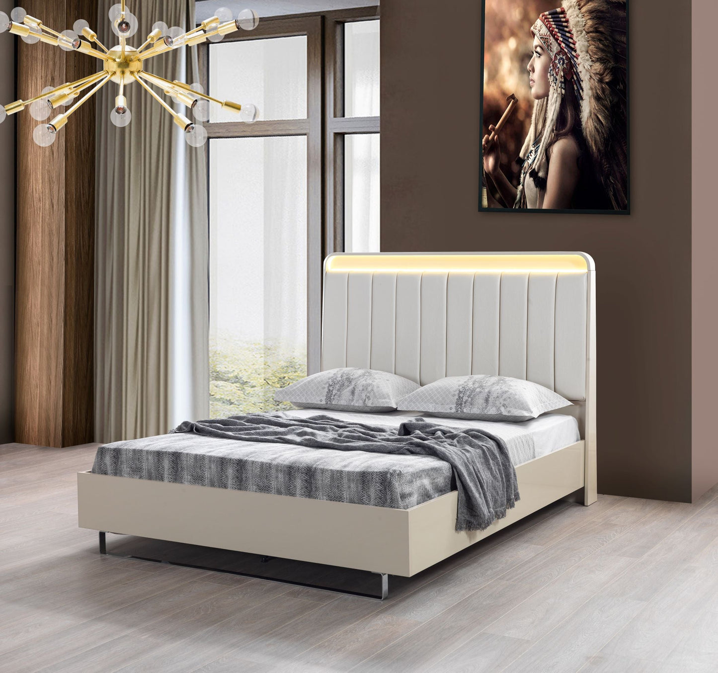 Viola Cream High Gloss Lacquer 4-Piece Queen Bedroom Set - Mattress on Demand